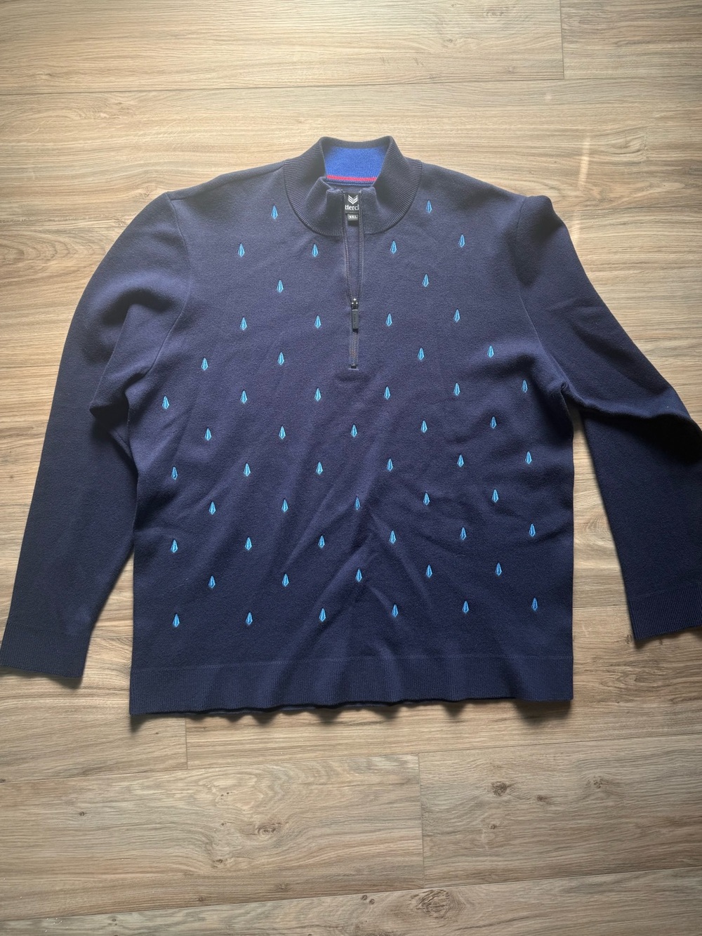 Men's Navy Quarter-Zip Sweater with Light Blue Teardrop Motif